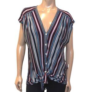 3/$20 MAX STUDIO Barcode Striped Top Tie Hem Blouse Vneck Buttoned Cap Sleeve
